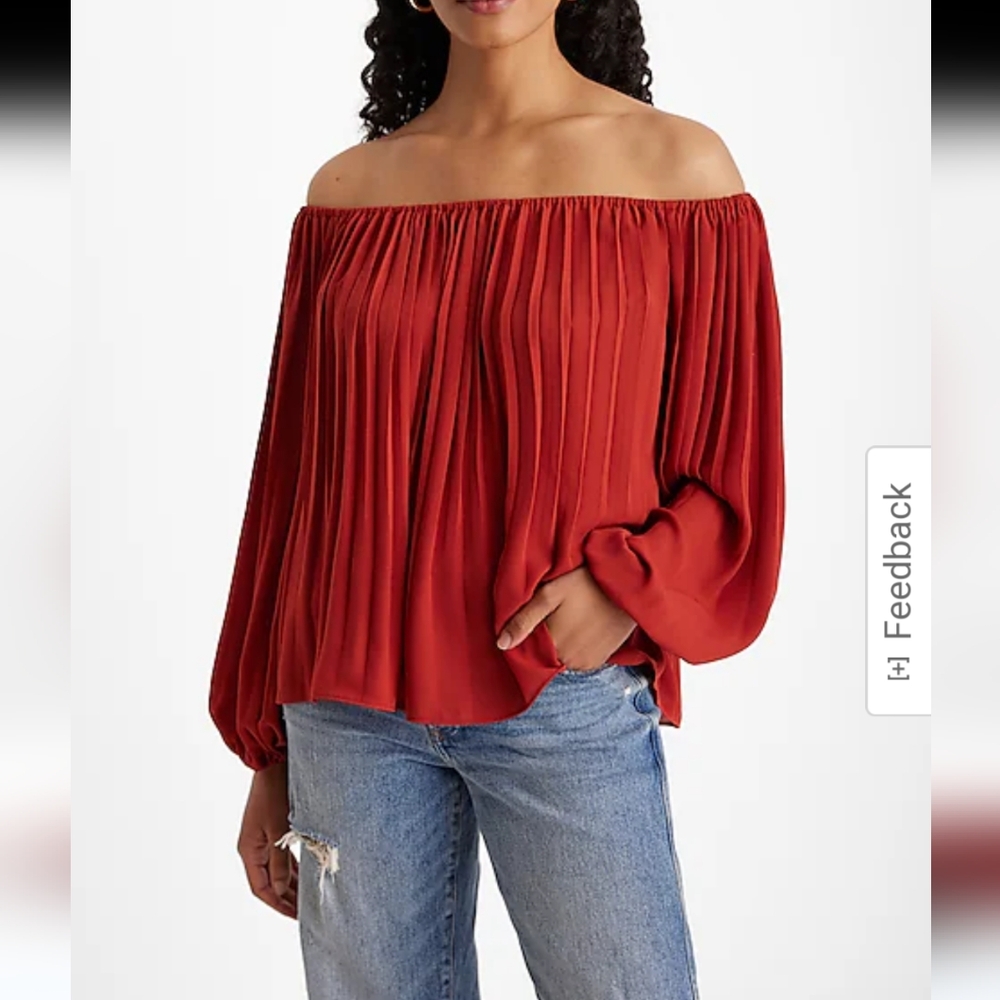 Express Off The Shoulder Pleated Balloon Sleeve Top Wine Size S